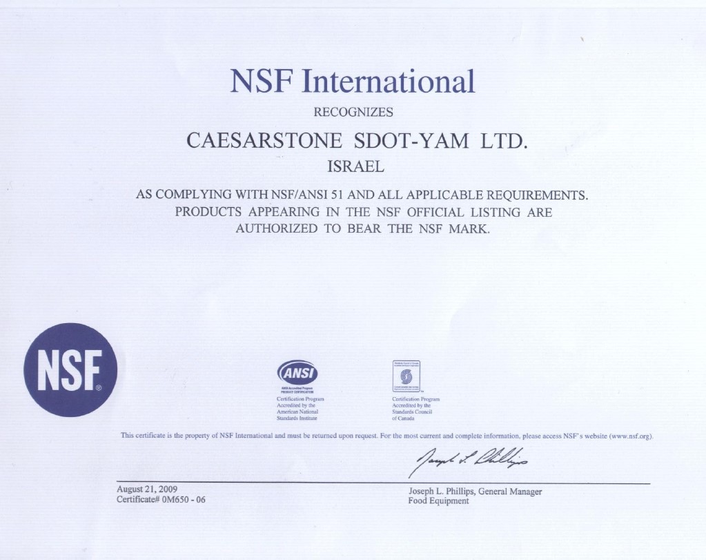 Caesarstone. Certifikat mednarodne organizacije NSF International